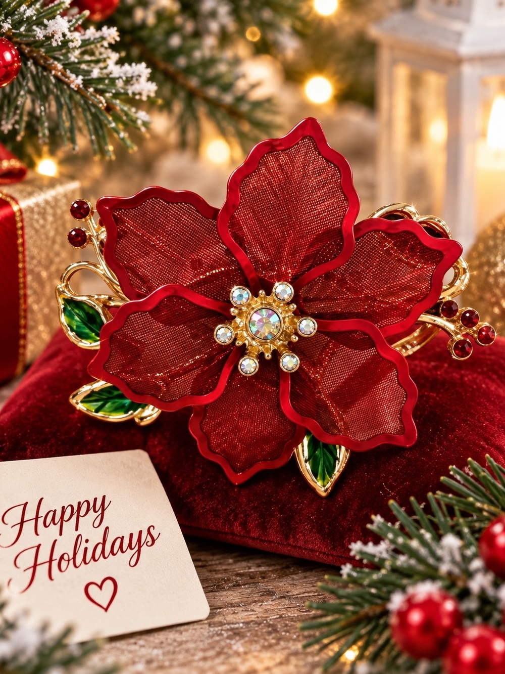 Festive Red Poinsettia Brooch with Crystal Center